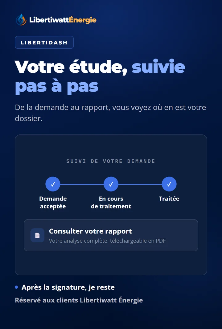 LibertiDash. Votre étude, suivie pas à pas. De la demande au rapport, vous voyez où en est votre dossier. Après la signature, je reste.